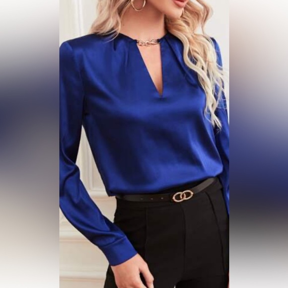 INC SILKY ROYAL BLUE LONG SLEEVE KEYHOLE GOLD CHAIN NECKLINE DRESSY BLOUSE SZ M - Picture 1 of 10